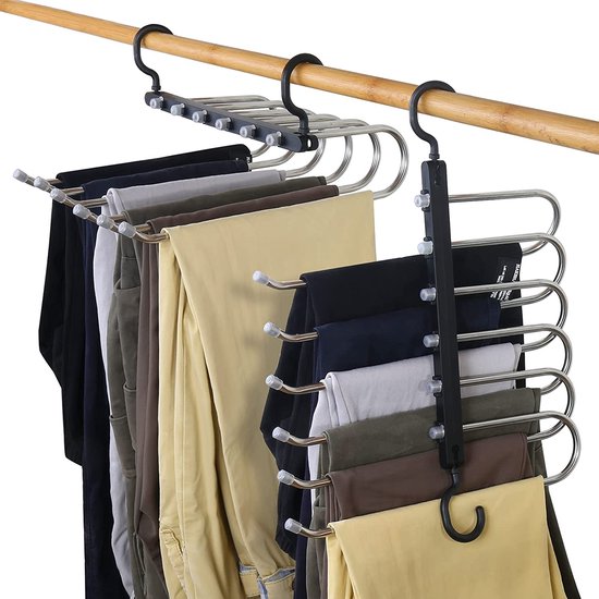 Kledingbroekhanger, ruimtebesparende kasthanger, 6 lagen, 2 toepassingen, multifunctionele broeken, opbergrek, kledingkast, organizer, rekken voor kleding, broeken, sjaals, stropdassen (zwart, 2 stuks)