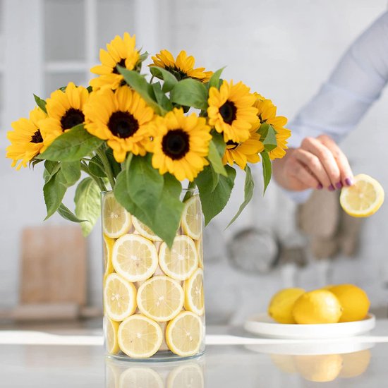 Bloemenvaas, 21.5 cm, glazen vaas, cilinder vaas, tulpenvaas, grote decoratieve vaas, glazen cilinder met bodem, kaarsglazen, glazen vazen, helder glas, rond, 13.5 cm, fleur