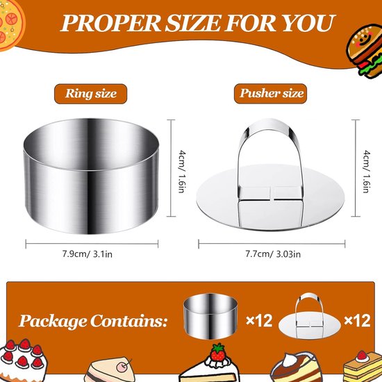 12 Pieces Dessert Rings, Mini Cake Ring Shapes, Stainless Steel Round Mousse Ring Set, 8 cm Diameter, Food Rings with Press Lifter, Thickened Baking Tool, Dessert Ring for Mousse Desserts