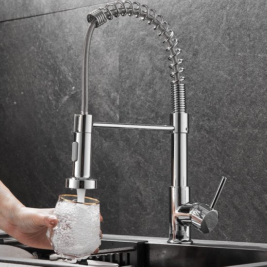 Keukenkraan met handdouche, 360° draaibaar, keukenkraan met veer, 2 straalsoorten.
