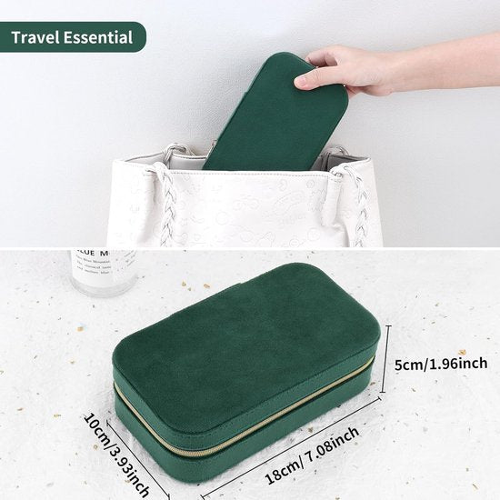 Klein reissieradenkistje, fluweel, voor meisjes en vrouwen, mini-sieradenorganizer, opslag voor ringen, oorbellen, halskettingen, armbanden, klein sieradenkistje, donkergroen