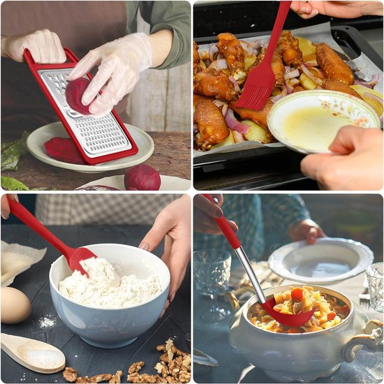 Keukengerei, 20-delige set met anti-aanbaklaag, siliconen keukengerei, hittebestendige kookgerei, keukenaccessoireset met gebruiksvoorwerpenhouder en roestvrijstalen handgreep, vaatwasmachinebestendig (rood)