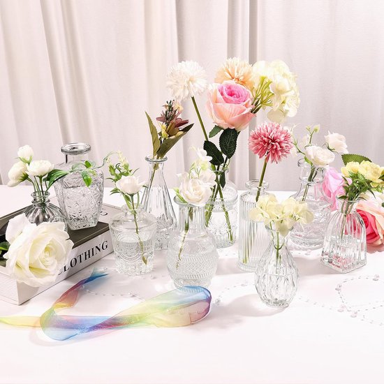 Kleine glazen vazen ​​​​voor tafeldecoratie, mini-vazen, set van 10 stuks, glazen vazen, bloemenvaas, moderne tafelvazen, bruiloft, kleine vaas, decoratieve glazen voor droogbloemen, glazen flessen,
