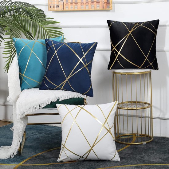 Wit fluwelen kussensloop, 40 x 40 cm, set van 2 bankkussens, goudkleurige geometrische sierkussens, kussenhoezen, moderne sierkussens, overtrek voor slaapkamer, bank, bed