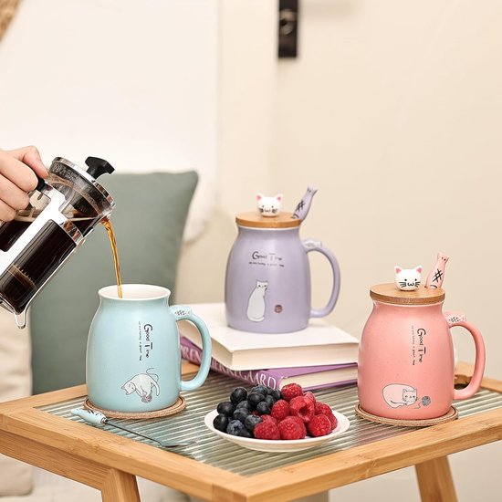 Kat mok set van 2 schattige kat theekop koffiemok keramiek met Kawaii deksel schattige kopjes voor kattenliefhebbers 500 ml kerst verjaardag kat cadeau mok (blauw en geel)