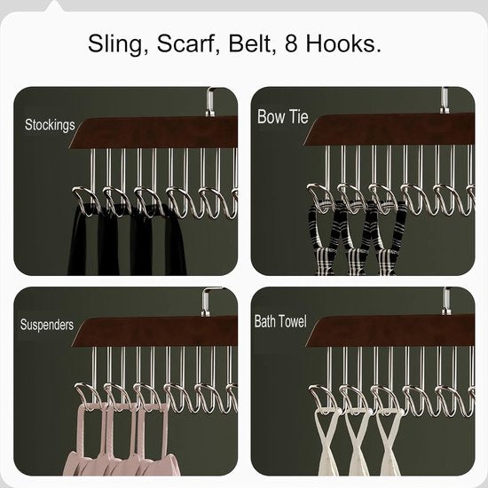 Houten kleerhangers, 4 sets, riemhangers van hout, hangers voor kleding met meerdere haken, 360 graden draaibare beugel, voor sjaalhangers, stropdassenhouder, riemhouder