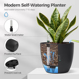 Zelfwater gevende plantenpot met waterindicator, set van 4, met wateropslag, voor gebruik binnen en buiten, 15 cm, zwart