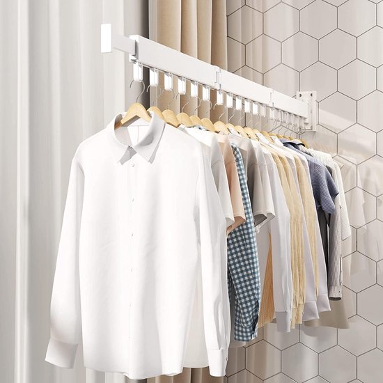 Uittrekbaar wandkledingrek, opvouwbaar intrekbaar draaibaar kledingrek met 18 haken, drievoudig kledingrek met handdoekhouder voor balkon, badkamer, slaapkamer