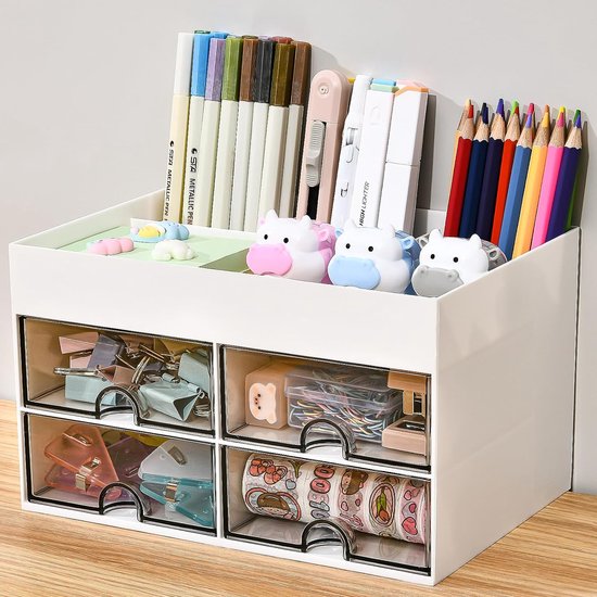 Bureau-organizer met 4 laden en vakken, opbergsysteem voor kantoor, multifunctionele pennenhouder, bureau, kantoororganisatie, pennenorganizer voor kantoor, thuis, school (wit)