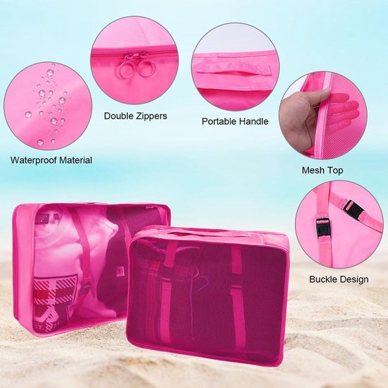 Kofferorganizerset, 8-delig, verpakkingsblokjes, waterdichte reiskledingzakken, inpakzakken voor koffer, kofferorganizer, reistas met make-uptasje, schoenentas, USB-kabeltas (rozerood)