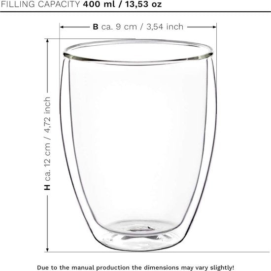 Creano dubbelwandig XXL thermoglas 400ml, extra groot hittebestendig koffieglas/thee glas/latte macchiato van borosilicaatglas