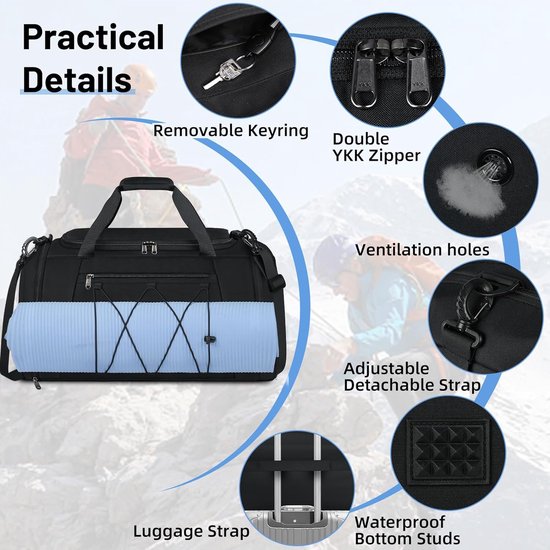 Sporttas Heren Dames met schoenenvak Nat compartiment Waterdichte trainingstas Zwemtas Grote capaciteit Reistas van hoge kwaliteit Duffelsporttas 40L Zwart, zwart