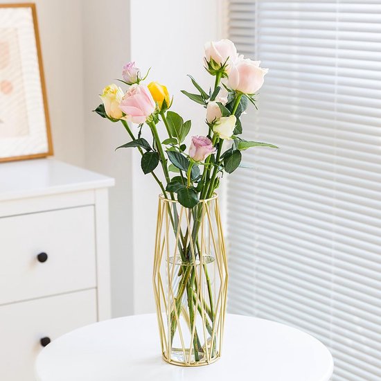 Gouden vazen, decoratie voor pampasgras, vaas met metalen frame, 22 cm, geometrische decoratieve vaas, grote cilindervazen, voor woonkamer, bruiloft, tafel, badkamer, eettafel