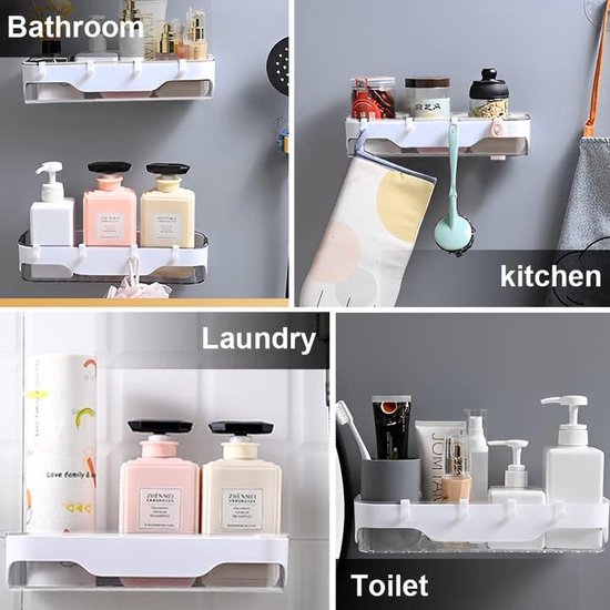 2 stuks badkamerrekken doucherek zonder boren wandrek badkamer zelfklevende doucheplank plastic douchemanden met 4 haken badkamerrekken badplank zonder boren plank voor badkamer