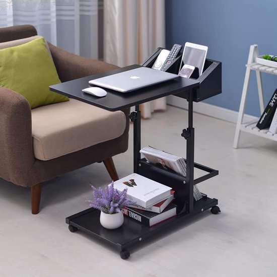 hoogte verstelbare C-vormige bijzettafel met wieltjes, veelzijdige salontafel, verzorgingstafel laptoptafel met opslag, mobiel nachtkastje voor slaapkamer, houten plaat, zwart