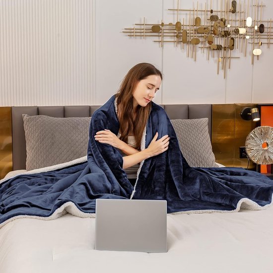 Deken wollig fleece deken blauw - extra warme sherpa deken bank XL 150 x 200 cm bankdeken, dikke woondeken zacht als woonkamerdeken, bankdeken