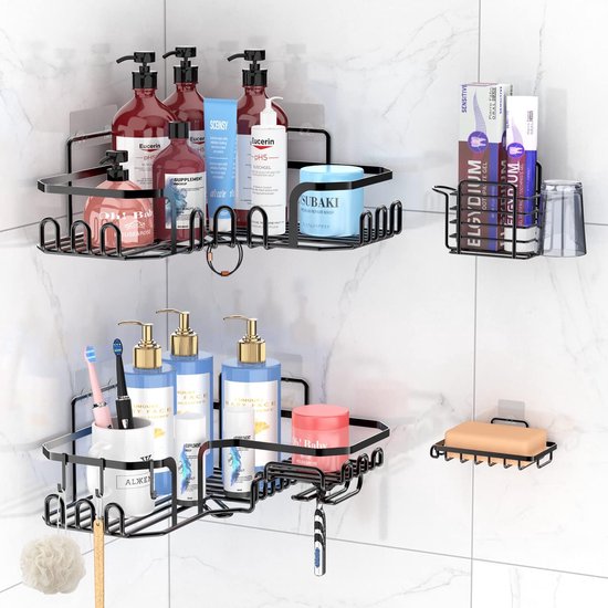 Doucheplank, doucheplank, zonder boren, driehoekige douchemand, hangend tot 10 kg draagvermogen, hoekrek, doucheplank, 4 stuks met 4 haken voor scheerapparaat, handdoek, borstel enz