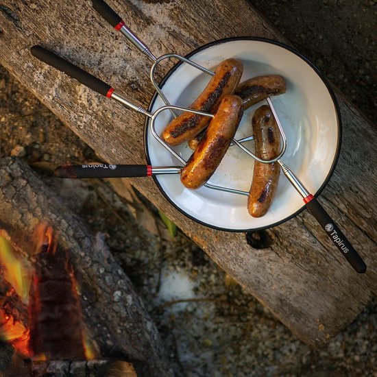 4 uitschuifbare campingstokken voor het roosteren van marshmallows, duurzame roestvrijstalen uitrusting, spiesen met geïsoleerde handgrepen, telescopische vorken, keukengerei voor s'mores, hotdogs en shish kebabs