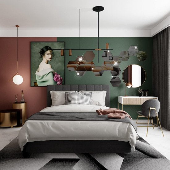 Wandstickers, acryl spiegelstickers set, 12 stuks 10cm 3D zeshoekige spiegel muurstickers voor woonkamer slaapkamer decoratie (zwart)