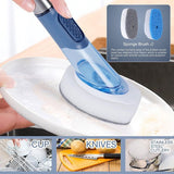 Afwasborstel met afwasmiddeldispenser, reinigingsborstel met 4 verschillende reservekoppen, keukenreinigingsborstel met 27 cm steel voor servies, potten, keukenspoelbakken reiniging