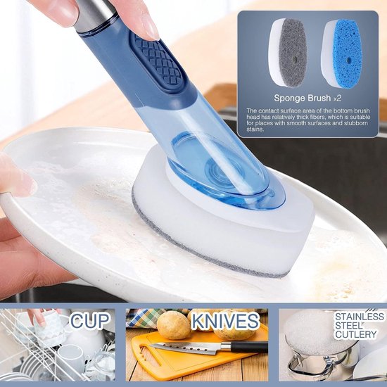 Afwasborstel met afwasmiddeldispenser, reinigingsborstel met 4 verschillende reservekoppen, keukenreinigingsborstel met 27 cm steel voor servies, potten, keukenspoelbakken reiniging