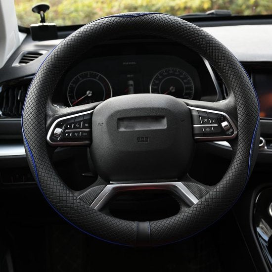 Stuurhoes voor de auto, microvezel, leer, universele maat 37-39 cm, antislip, zwart met blauwe lijn