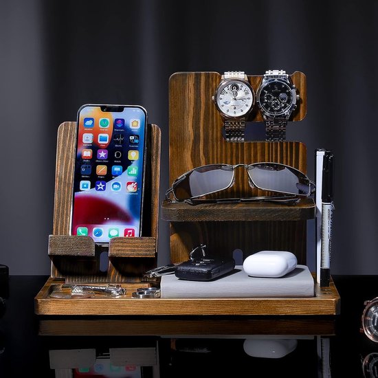 Telefoondockingstation, hout, cadeau voor mannen, echtgenoot, vriend, bureau-organizer voor mobiele telefoon, tablet, horloges, brillen, sleutels