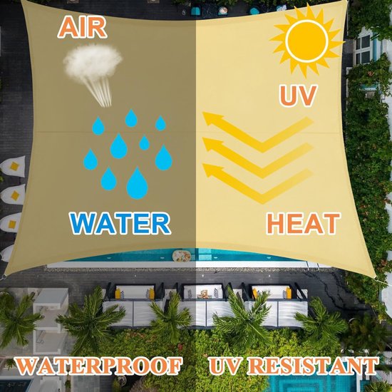 Zonnezeil, 3 x 4 m, rechthoekig, waterdicht, beige, zonnezeil, zonwering, uv-bescherming, windscherm, polyester, zonnezeil, weerbestendig, outdoor, zonnescherm voor terras, tuin, balkon
