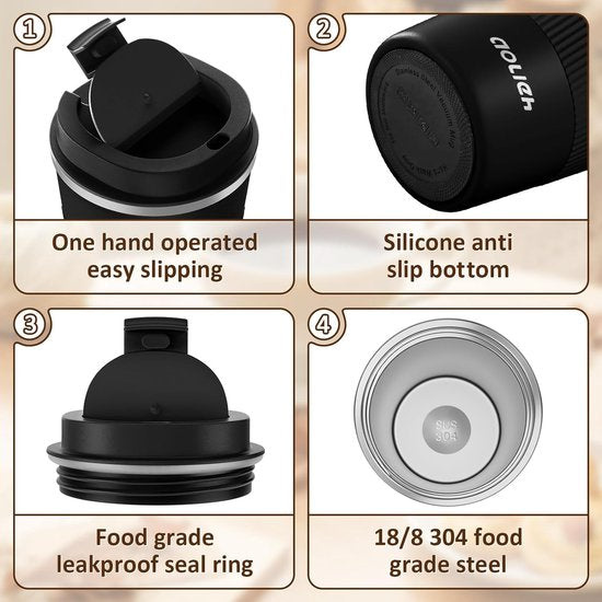 Thermobeker, koffiebeker met lekvrij deksel, thermobeker, isolatiebeker, roestvrij staal, reismok, koffiemok om mee te nemen, voor warm en koud water, koffie en thee, 380 ml, zwart