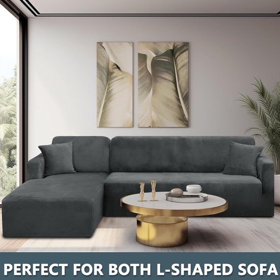 Fluwelen Peninsula bankovertrek, 2-delige bankovertrek links/rechts hoek, Chaise Longue bankovertrek met twee kussenslopen, L-vorm schiereiland bankovertrekken (3-zits + 3-zits, grijs)