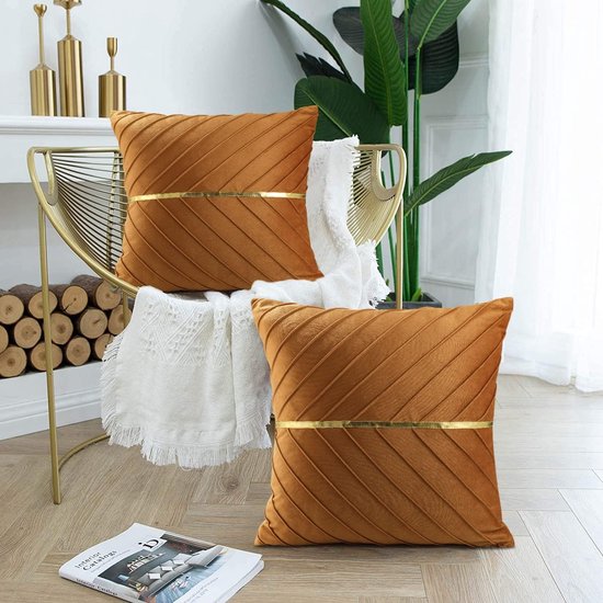 Kussenhoes set bruin, 45 x 45 cm, decoratief kussen voor woonkamer, gouden strip, decoratie, fluweel, sofakussen, zacht bankkussen, sierkussenhoes voor woonkamer, slaapkamer, set van 2