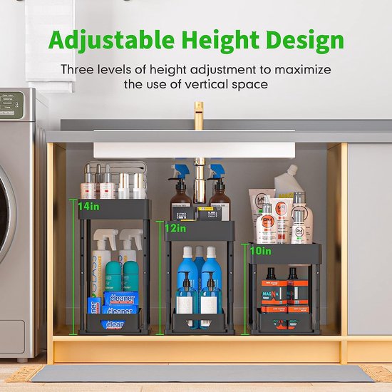 2-delige keukenorganizerset met 2 niveaus, plank voor onder de gootsteen, lade-organizer, optilbare gootsteenplank met 8 haken, 16 antislippads en 2 hangende kopjes, plank voor de vaatwasser, keukenorganizer