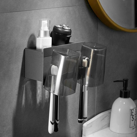 Houder - Tandenborstel Badkamer Zwart Ruimte Aluminium 2 Gleuven Tandenborstelbeker Opbergdoos Zonder boren Automatische installatie - Zelfklevend