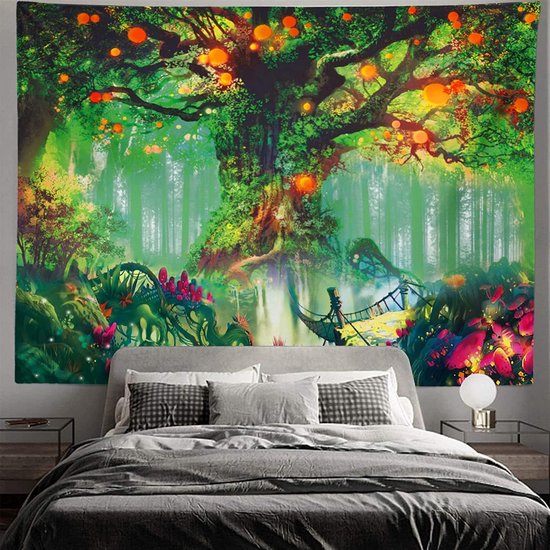 Fantasierijk Zwart Licht Boomtapijt met Bosfee, Natuur en Magische Elfenmotieven, Muurophanging en Trippy UV-reactieve wandtapijten voor slaapkamer - 180 cm x 230 cm