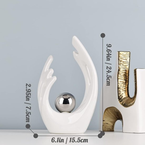 Witte abstracte keramische beelden en sculpturen, witte en zilveren keramische kunstbeelden, moderne woondecoratie voor woonkamer, eettafel, salontafel, plank, entree, desktopsculptuur voor thuis, woondecoratie