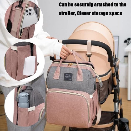 Luiertas, rugzak, babytassen met draagbaar aankleedkussen, fopspeenhouder en kinderwagenriemen, opvouwbare Mommy Bag Diaper Bag, roze, m