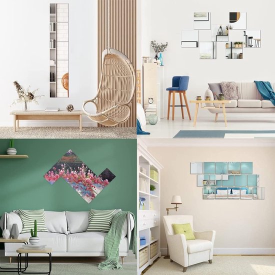 Vierkant acryl spiegelstickervel, 10 stuks acryl spiegel-muurstickers, 15 cm x 15 cm, verwijderbare muurstickers, voor badkamer, woonkamer, slaapkamer, stickers (zilver)