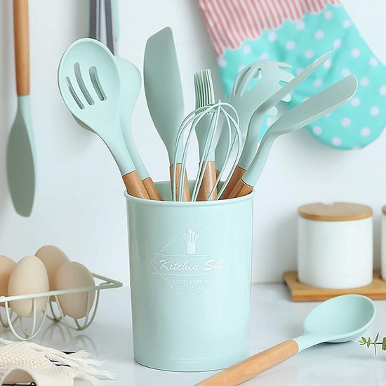 Siliconen kookgerei 33 stuks, hittebestendige keukenset met houten handvatten, spatel, eenvoudig te reinigen kookgerei met antiaanbaklaag. Geschikt voor keuken beginners en professionals (groot)