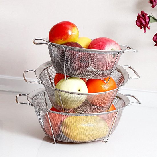 Keukenzeef, zeefmand, roestvrij staal, fijnnetzeef, keukenzeef, saladezeef met poten en brede rand en duurzame handgrepen voor het zeven, spoelen, braden, stomen of koken van groentepasta