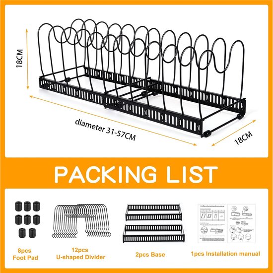 Expandable Pan Organizer Shelf, Pans and Lid Organizer with 12 Dividers, Pantry Cabinet, Bakeware, Lid Holder, Black