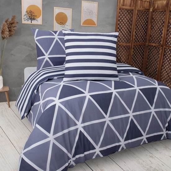 Beddengoed 240x220 3-delig blauw - 80% katoen en 20% polyester, 1x dekbedovertrek met ritssluiting + 2x kussenslopen 65x65 met envelopsluiting, streepmodel.
