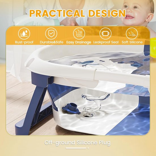 Opvouwbaar babybadje, stabiel babybadje voor pasgeborenen met badinzet baby, babybadborstel en douchekap kinderen, babybadje met afvoergat voor 0-24 maanden (blauw)