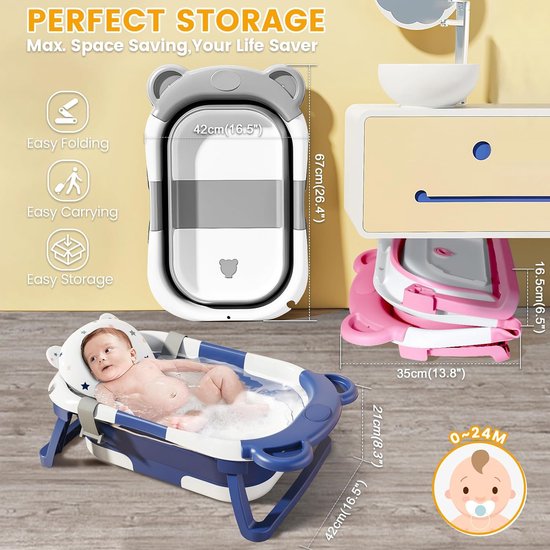 Opvouwbaar babybadje, stabiel babybadje voor pasgeborenen met badinzet baby, babybadborstel en douchekap kinderen, babybadje met afvoergat voor 0-24 maanden (blauw)