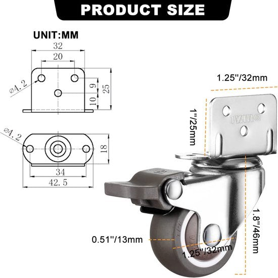 4 wielen voor meubels, 360° draaibare meubelwielen met rem, 32 mm zwenkwiel, 15 kg per wiel, L-vormige transportwielen, geschikt voor babybed, kribbe, bloemenstandaard, meubels