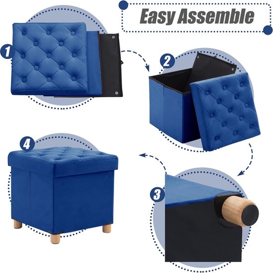 Opvouwbare kruk fluweel met opbergruimte en deksel met houten poten, 40 x 40 x 40 cm, blauw
