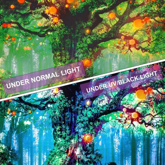 Fantasierijk zwart licht boomtapijt met bosfee, natuur en magische elfenmotieven, muurophanging en trippy UV-reactieve wandtapijten voor slaapkamer - 130 cm x 150 cm