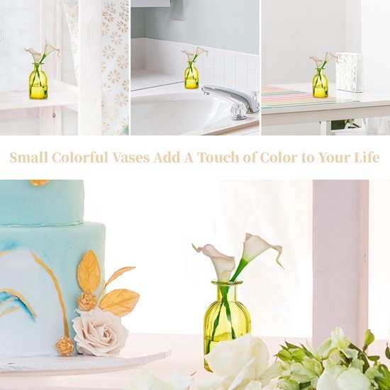 Kleine set van glazen vazen, 6 stuks mini bloemenvazen, geel, vintage vaas, glas, rond, glazen vazen, flessenvaas, kleurrijk, kleine geribbelde tafelvaas, vazenset, glazen fles, decoratie voor bruiloft, tafeldecoratie.