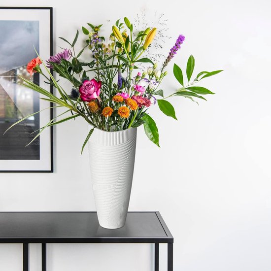 Vaasset, witte bloemenvaas set van 2, decoratieve vaas voor in de woonkamer met een dikke bodem, handgemaakte vaas van hars, geschikt voor kantoor en bruiloften met pampasgras, 28 cm en 23 cm hoog.