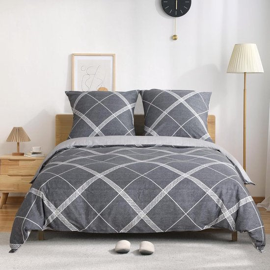 Katoenen beddengoed 135 x 200 cm, 2-delige omkeerbare dekbedovertrekset met grijs rasterpatroon, Öko-Tex zachte dekbedovertrekset met ritssluiting en 1 kussensloop van 80 x 80 cm