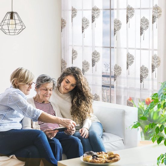 Gordijnen vitrage linnenlook transparant decoratieve sjaal gordijnen met bladeren met oogjes, 175 x 140 cm (hoogte x breedte), linnen + bruin, set van 2